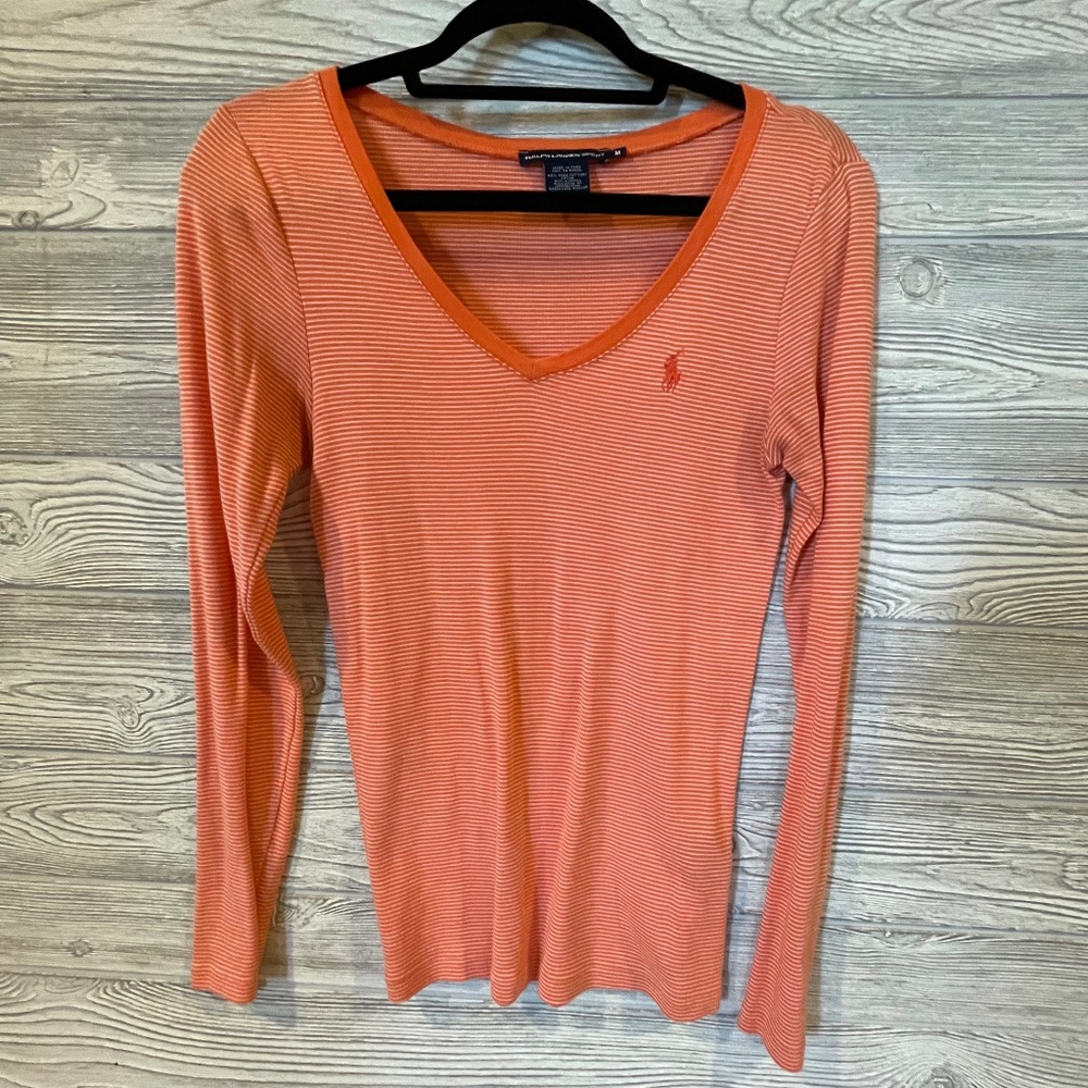 RALPH LAUREN SPORT Women's Orange White Striped V Neck Long Sleeve Shirt Medium